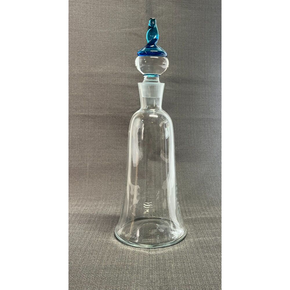 Art Glass Decanter Turquoise Blue Finial Bell Shaped Clear